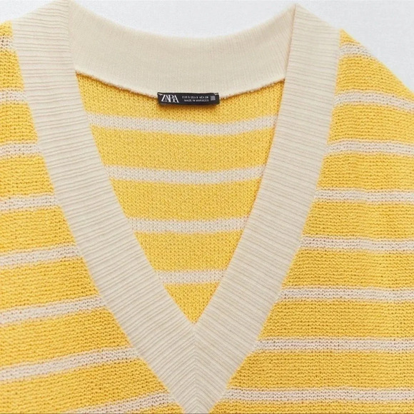 Yellow and White Striped Zara V-Neck Sleeveless Knit Sweater Medium (NWT) - Picture 5 of 9